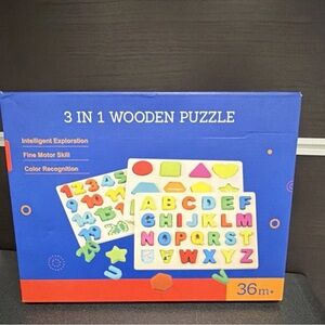 OZMTOY 3 in 1 Wooden Puzzle Set Letters Numbers Shapes Multicolor for Kids